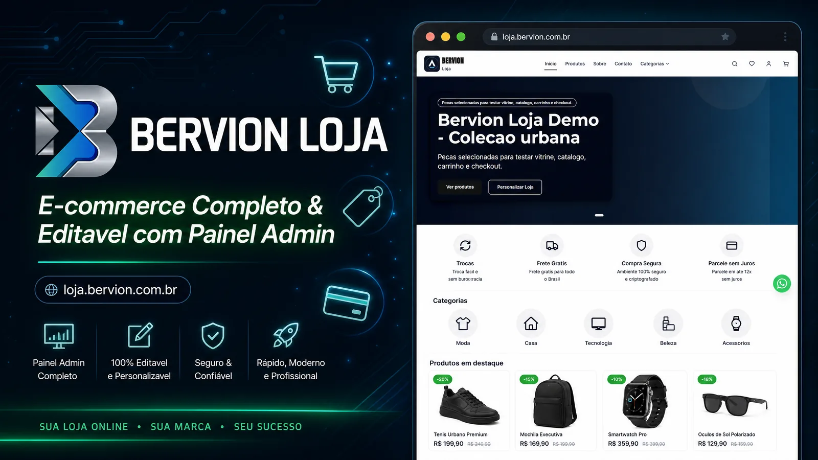 Banner da Bervion Loja com vitrine e painel administrativo